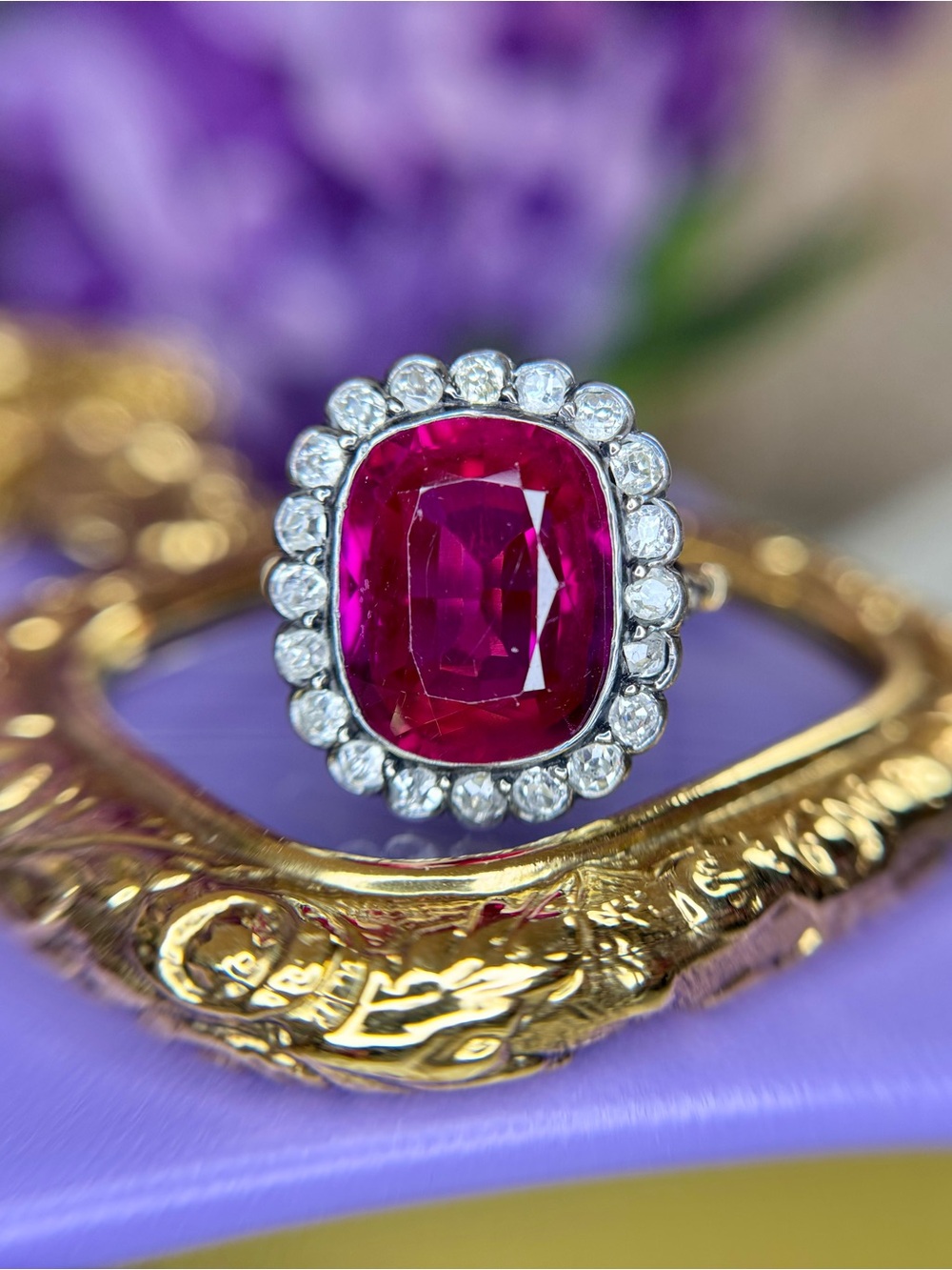 Antique Edwardian 18k Yellow Gold Silver Topped Ruby Diamond Ring